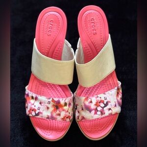CROCS Pink and Cream Wedge Women's Sandals Size 9 Wide
